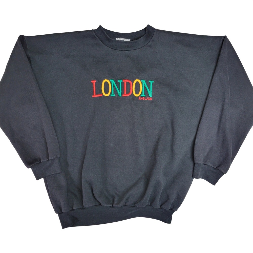 Churchill London England Embroidered Crewneck Sweatshirt Black‎ Mens XL Vintage
